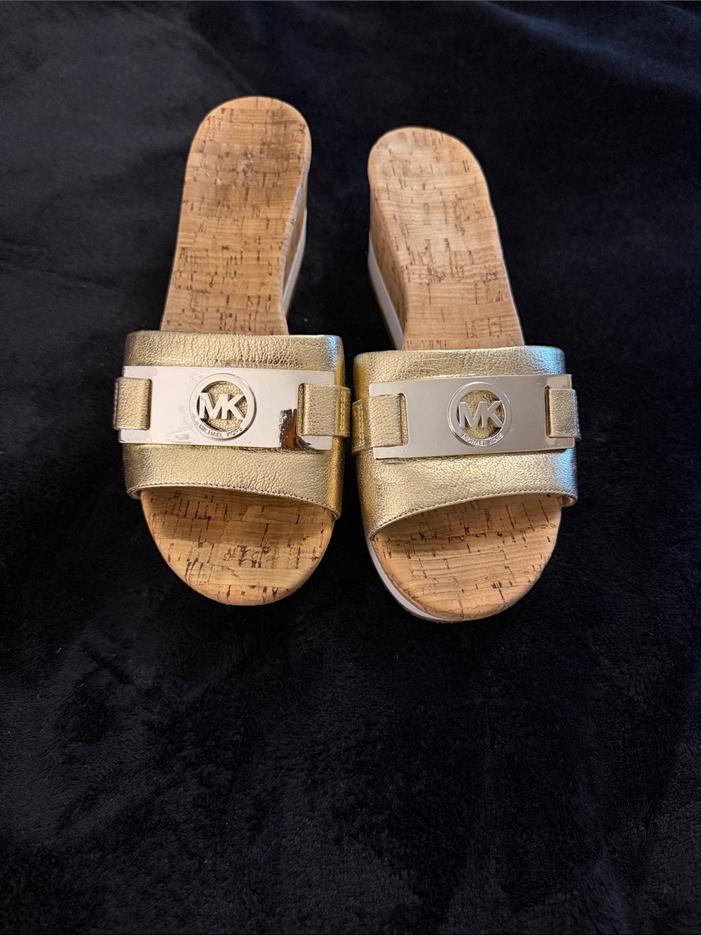 Michael Kors Beige Logo Slide Sandals with Gold Emblem